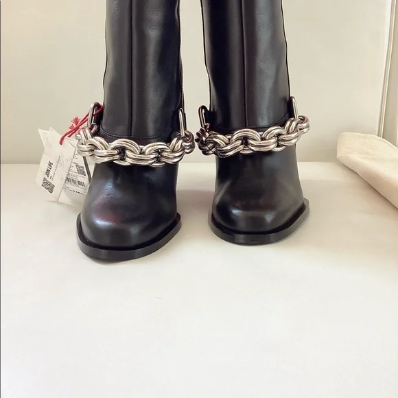 Zara Long Black Leather Wedge Silver Metal Chain Boots SZ 6 - Picture 6 of 14